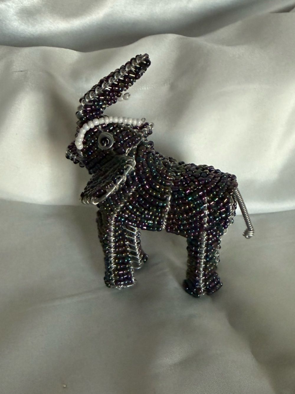 Beaded Elephant Sculpture - Iridescent Black & Purple